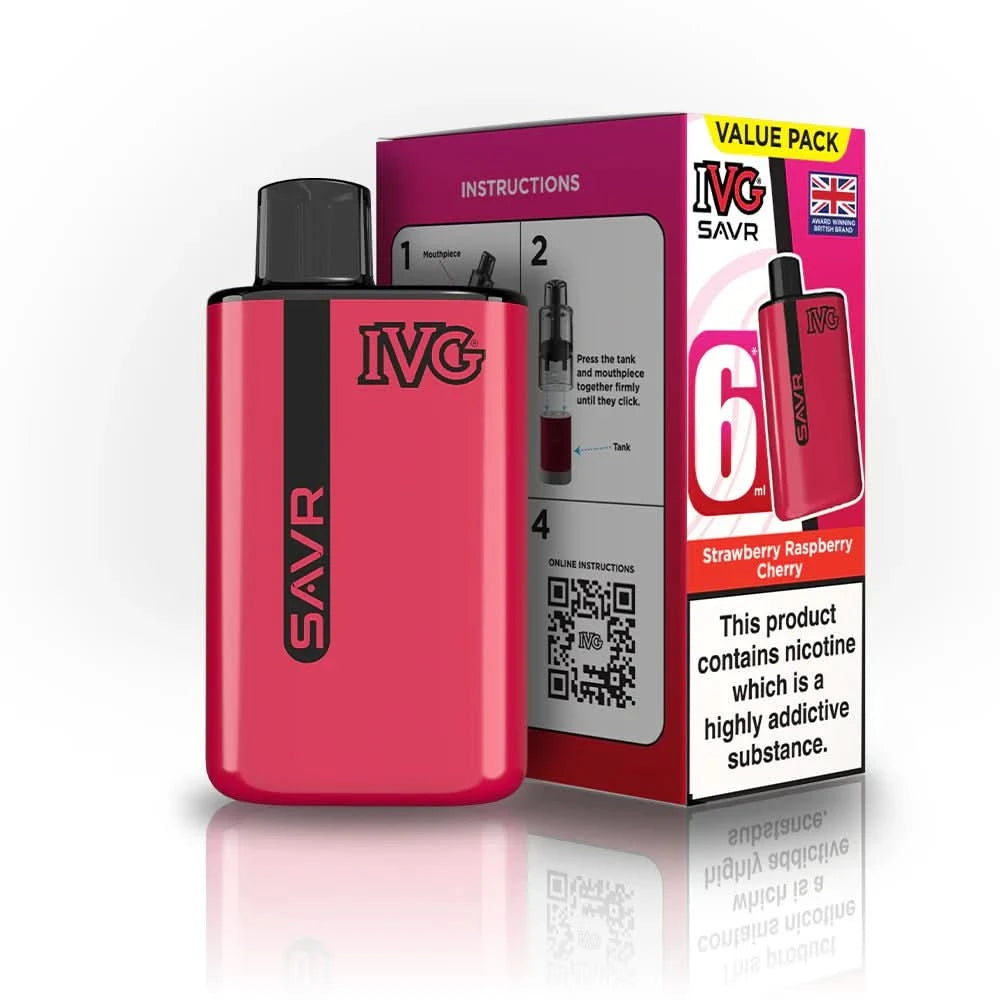 IVG SAVR 3000 Disposable Starter Vape Device - Pack of 5 - Eliquid Base - Strawberry Raspberry Cherry